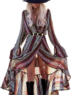 Boho High-Low Wrap Maxi Dress in Burgundy Stripe